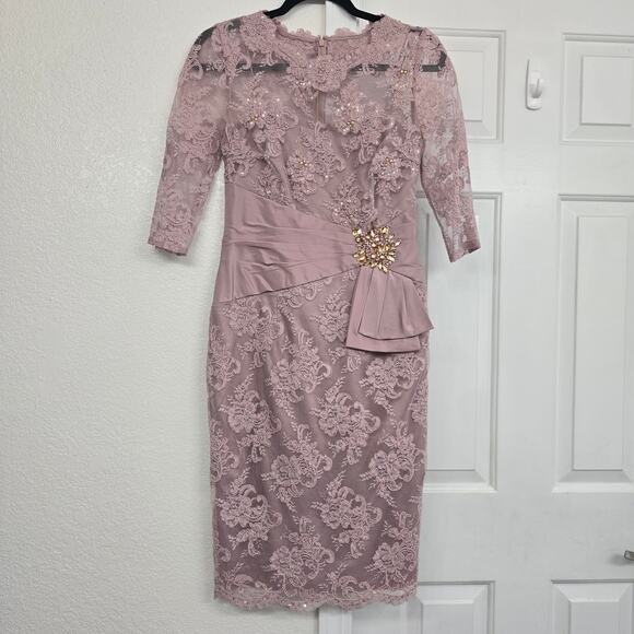 Teri Jon Rickie Freeman Midi Lace Beaded Cocktail Formal Dress Pink Gala Preppy - Picture 2 of 11